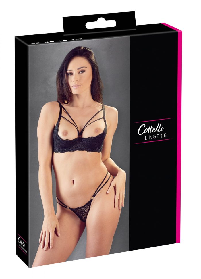 Cottelli - pántos, gyűrűs mellemelő és tanga (fekete)