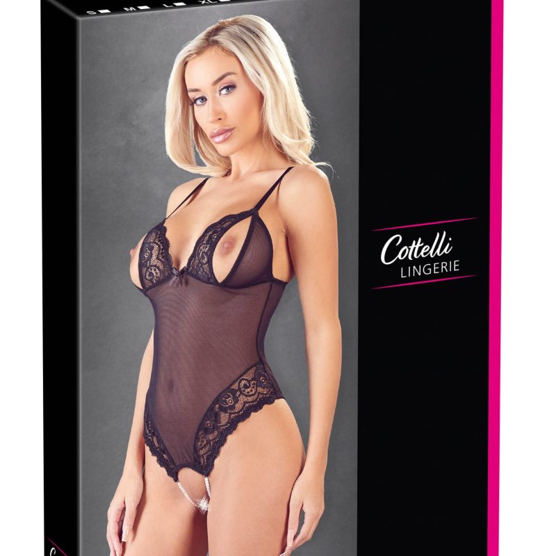Cottelli - csipkés, gyöngyös nyitott body (fekete)