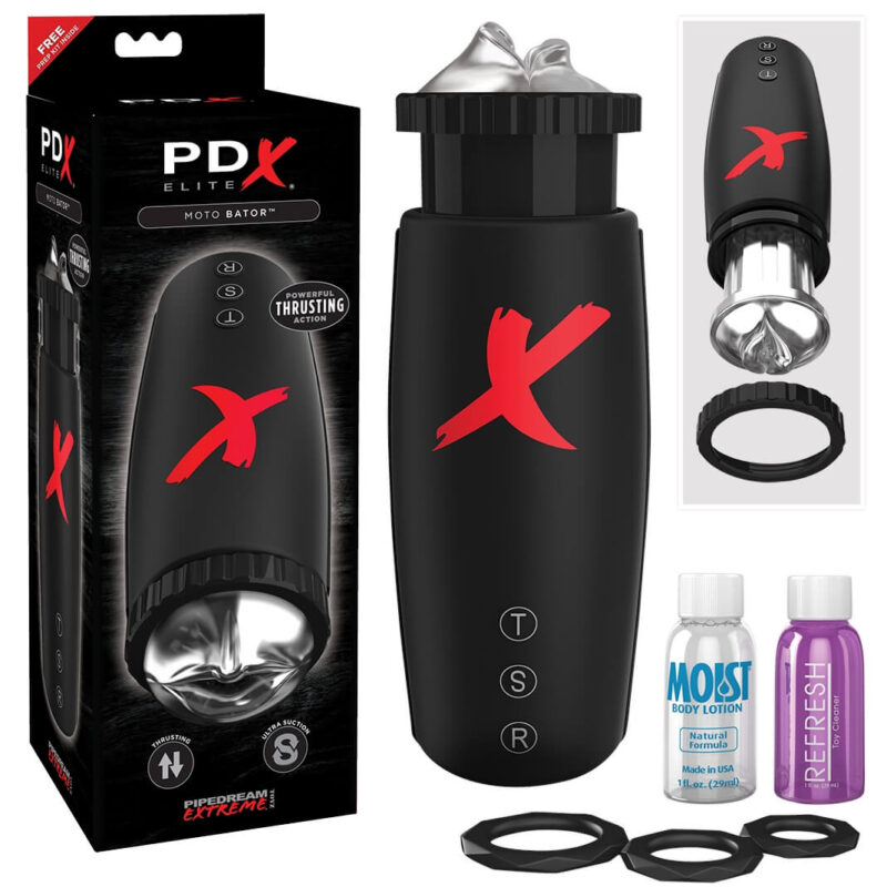 PDX Moto Bator - szívó, fel-le mozgó ajkak maszturbátor (fekete)