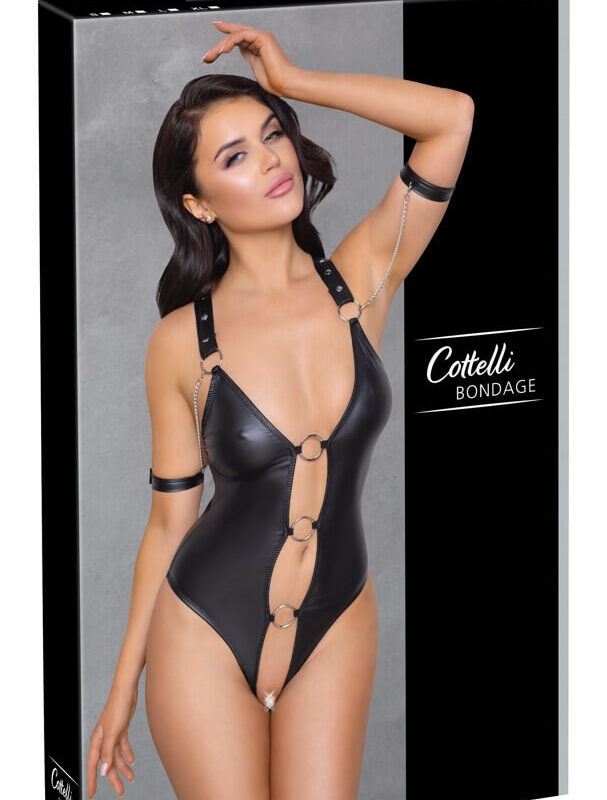 Cottelli Bondage - fényes, gyűrűs, nyitott body (fekete)