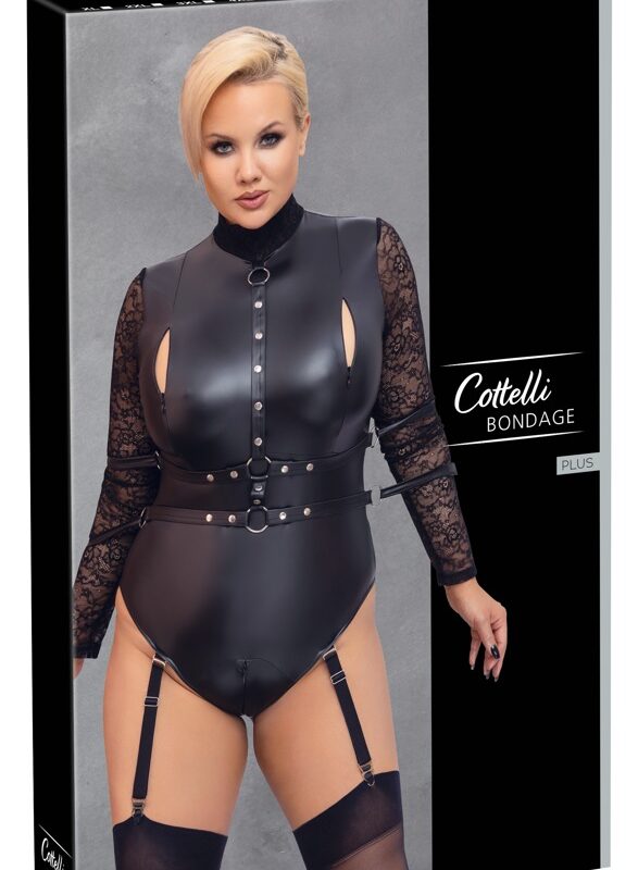 Cottelli Bondage Plus Size - csipkésujjú body (fekete)
