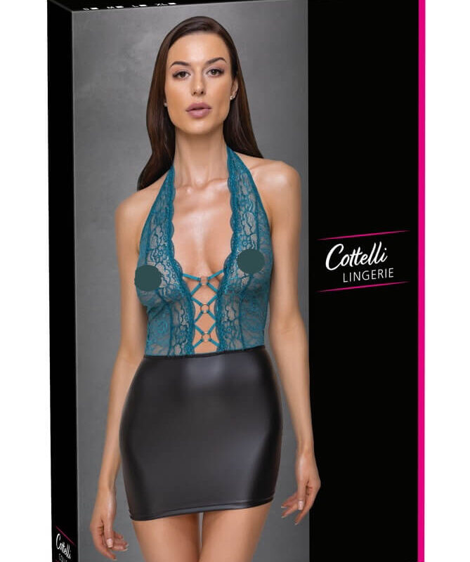 Cottelli - fűzős csipkés, fényes ruha (fekete-zöld)